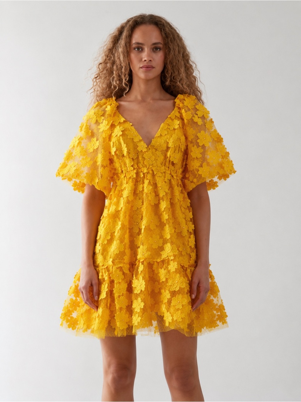 Delfi Collective Lola 3D Puff Dress Yellow Floral Lace Mini Dress Made USA M